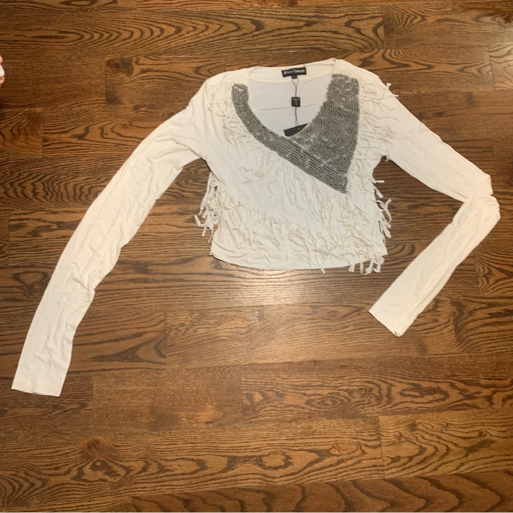 NWT Silver Dagger Chain Mail Fringe Top Blouse XL White Cropped Long Sleeve